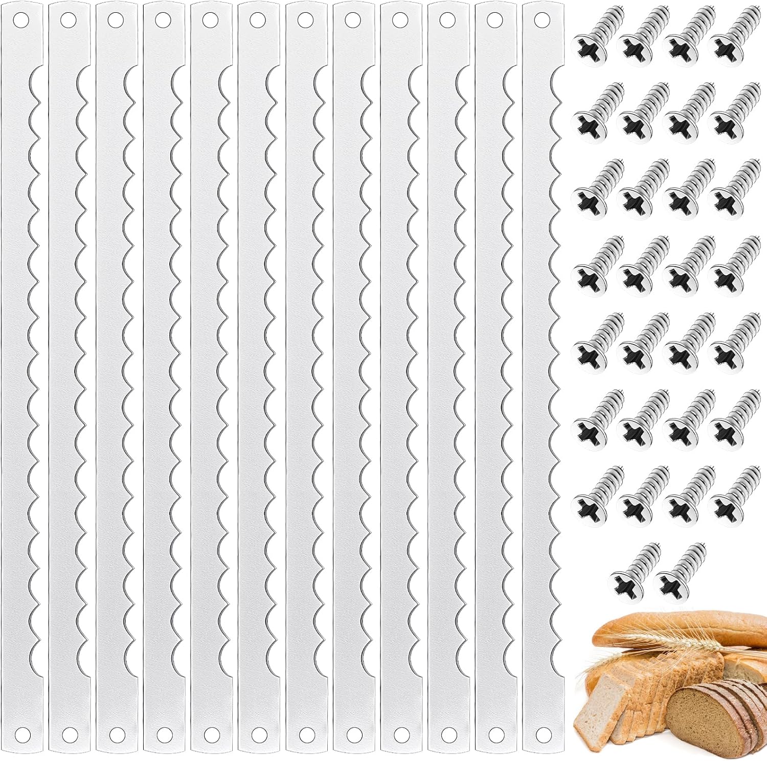 Therwen 12 Pcs Bread Bow Knife Blades 10.8 Serrated Stainless Steel Blades with Screws Replacement for Wood Bread Cutter, Sourdough, Baguettes, Cakes
